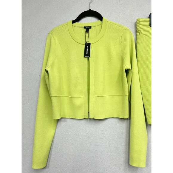Express Body Contour Ribbed Crop Cardigan And Mini Skirt Set Medium Lime NWT - Picture 4 of 12
